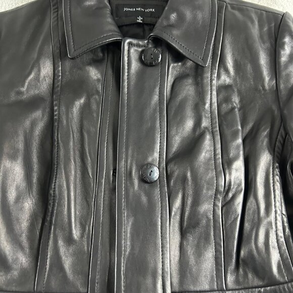 Jones New York Women Leather Jacket Size Large Long Sleeve Button Black - Picture 3 of 5